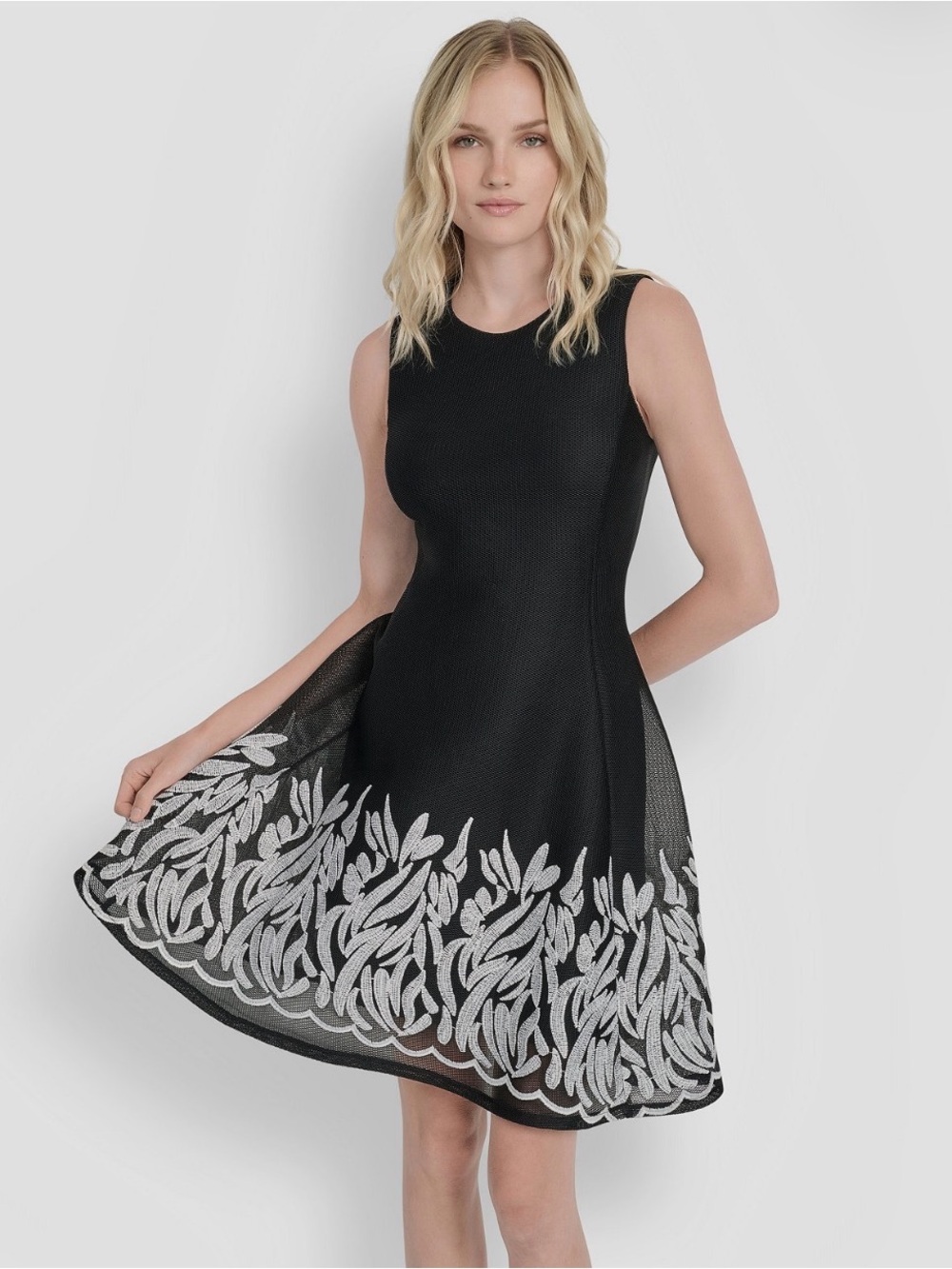 DKNY Black Sleeveless Fit-and-Flare Dress with Silver Embroidered Hem